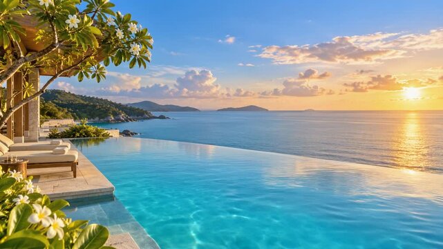 Luxury Tropical Resort Infinity Pool with Ocean View at Sunset