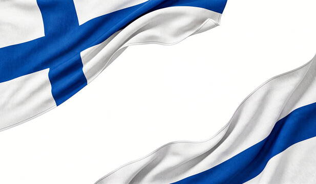 Finland flag on white background, finnish flag waving, banner with copy space.