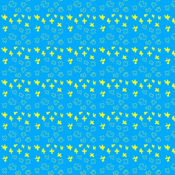 A geometric seamless pattern featuring yellow plus and cross icons on a bright blue background, suitable for textiles, packaging, and decoration.