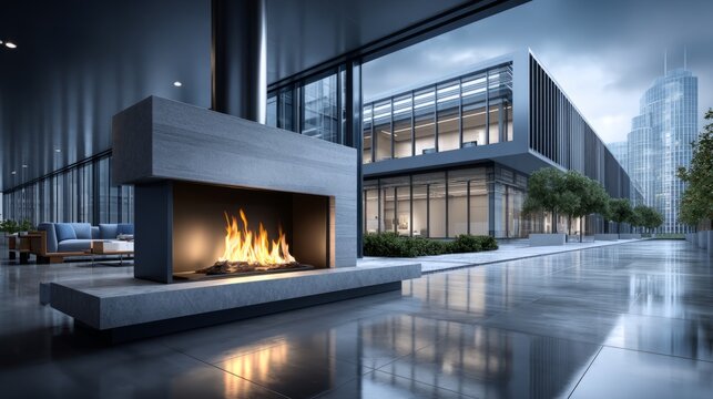 Modern indoor space with fireplace in urban setting featuring large glass windows and sleek design