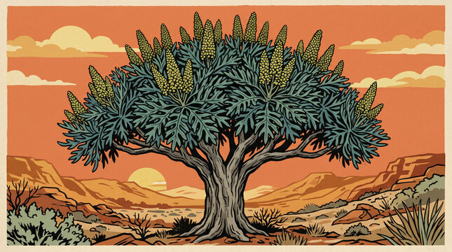 Silver sword plant stands tall in a vibrant desert landscape at golden hour sunset time now