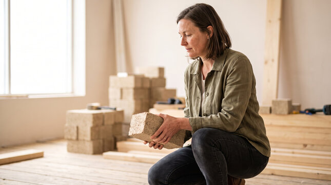Woman crouching and holding eco brick at renovation site