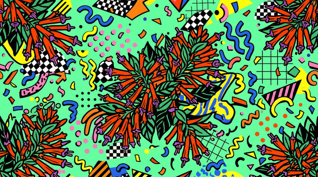 Vibrant orange tubular flowers featuring eighties aesthetic patterns and geometric shapes on light green background