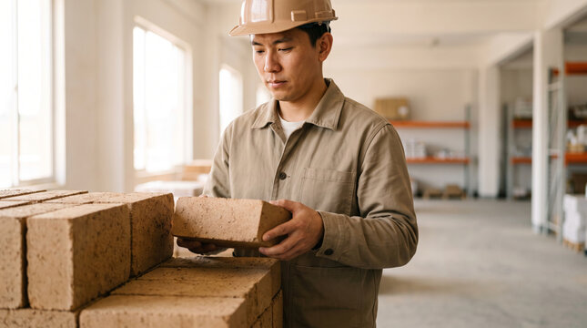 Construction worker in hard hat inspecting eco brick building material