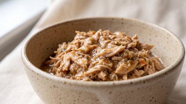 Shredded chicken in savory sauce served in rustic ceramic bowl, featuring tender texture and homemade comfort food style, perfect for lunch or dinner meals