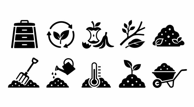 Composting and sustainable gardening silhouette icons for ecology.