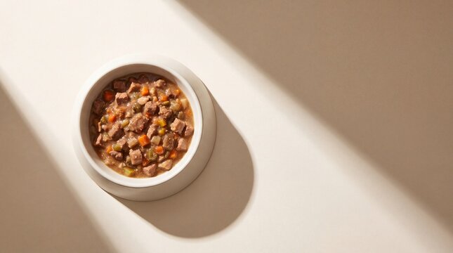 Dog food bowl with beef chunks, carrot, and pea in gravy, placed on beige background with dramatic sunlight and shadow, creating modern and appetizing presentation