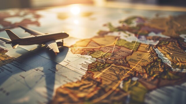 Global travel concept with map and dotted route lines.