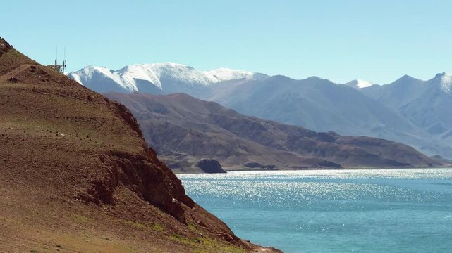 Peaceful snow mountains and reflections on blue lake, beautiful landscape of Pangong Tso or Pangong Lake&zwnj;&zwnj; in the western Himalayas, Xizang, China. 4k slow motion footage travel concept b roll shot.