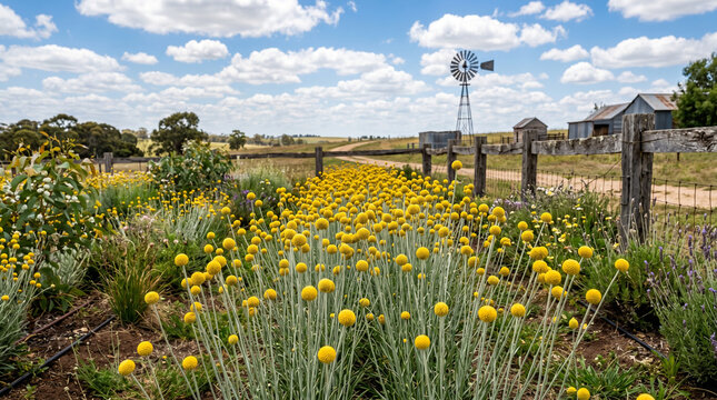 Vibrant yellow billy buttons grow in a rustic countryside garden under a bright blue sky