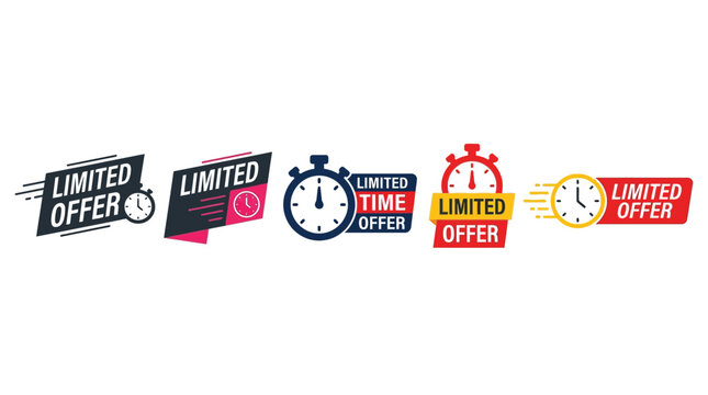 Limited offer promotional badges featuring colorful vector clock illustrations for effective marketing and retail sales campaigns
