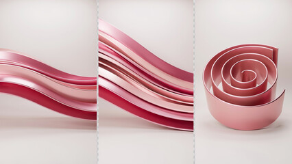 Obraz premium Three panels featuring pink metallic wavy ribbons and a spiral shape on a light soft background