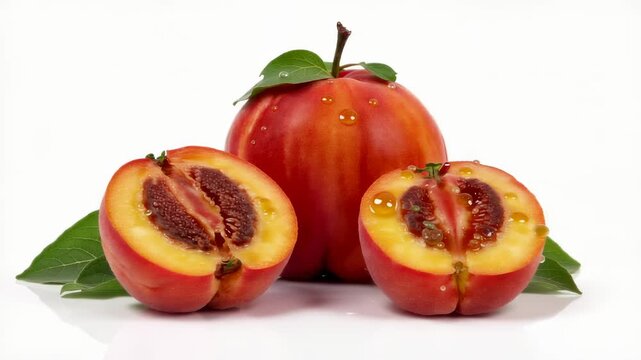 Peach halves with juicy flesh and visible stone, fresh ripe fruit arranged on clean white background, natural food footage for healthy lifestyle nutrition culinary and summer content