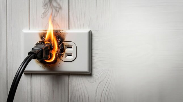 Electrical wall socket catching fire with smoke and flames emitting from the plug electrical dangerous electricity
