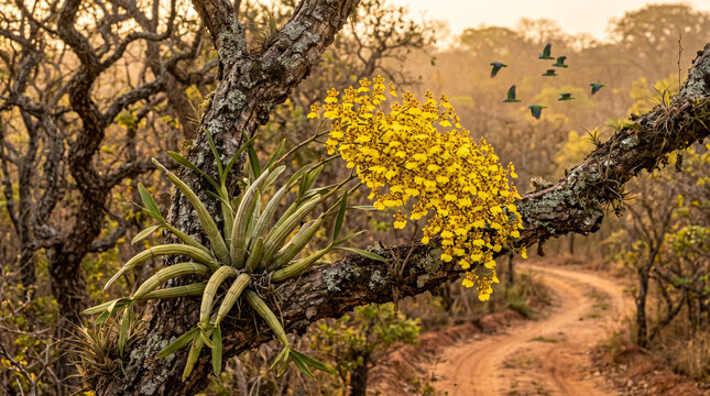 Vibrant yellow orchid flowers bloom gracefully on a weathered tree branch within a golden forest landscape