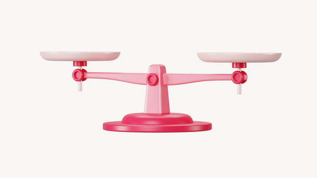 Pink and red balance scale on a white background, minimalist design.