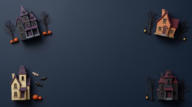 Four miniature toy houses arranged in the corners of a dark blue background with copy space