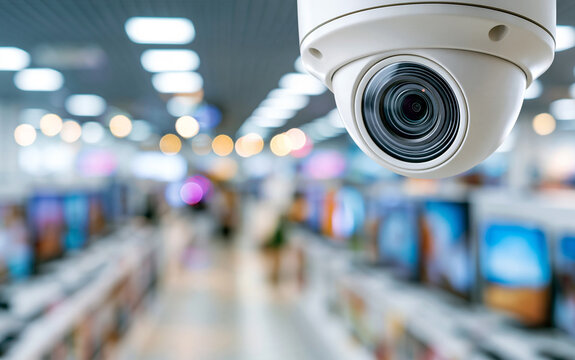 White dome security camera monitoring blurred electronics store interior