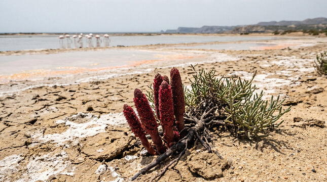 Crimson parasitic plants grow on cracked dry salty earth near a distant lake with flamingos