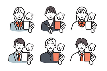 Fototapeta premium シンプル イラスト 温かい飲み物で体を温める男女の学生6人のベクターイラストセット