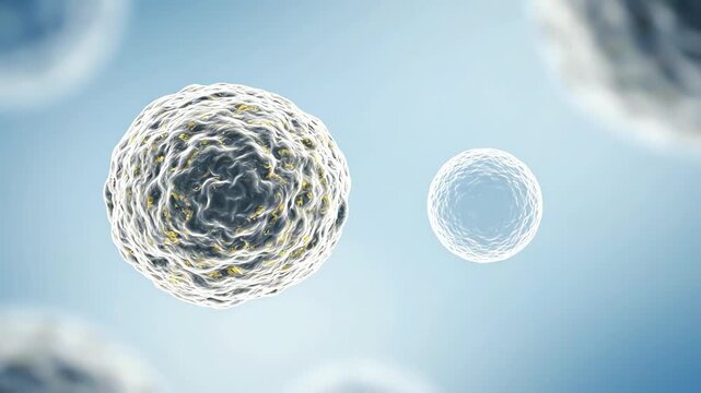 Macrophage slowly approaching one small stationary harmless particle