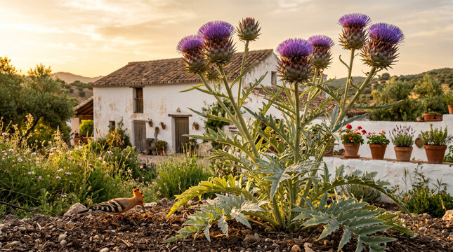 Common hoopoe bird searches for food near vibrant purple artichoke flowers in rural countryside garden setting