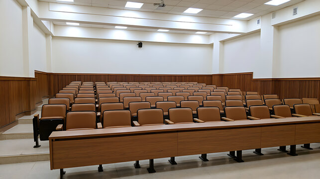 Modern empty university lecture hall interior with rows of wooden desk seats and bright ceiling lights for education and business event