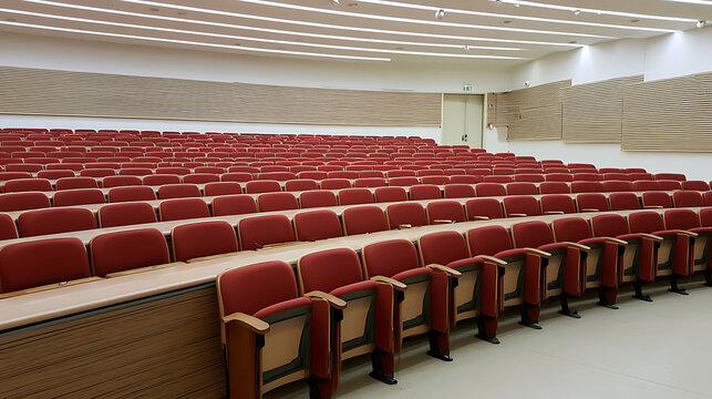 Modern large lecture hall interior with rows of empty red upholstered seats and wooden desks inside a university or conference center venue