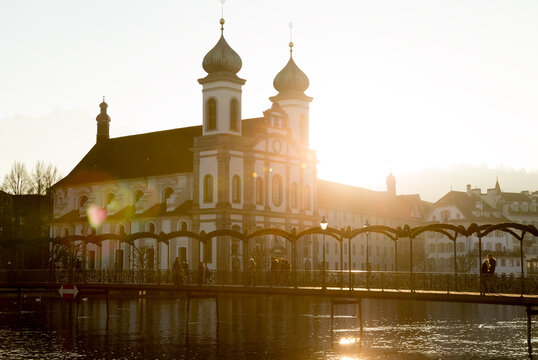 Jesuit Church and Footbridge at Sunset in Lucerne Switzerland