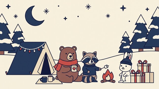 Cute cartoon animals camping in a snowy winter forest at night with gifts.