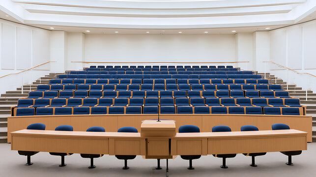 Modern university lecture hall interior featuring tiered seating with blue chairs, wooden desks, and a central speaker podium in a bright university room