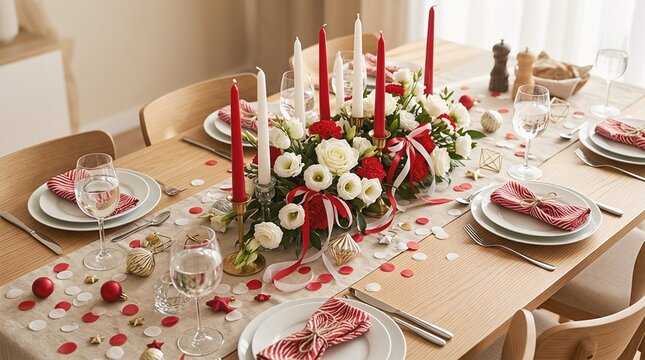 Festive table setting with floral arrangement, candles, and elegant dinnerware. Red and white theme	