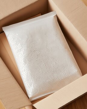 White bubble wrap bag inside cardboard box