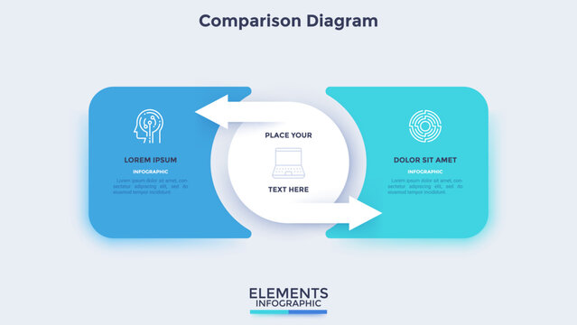 Vector illustration. Comparison diagram infographic template with two options and arrows. Modern presentation slide layout for business data visualization and marketing report design.