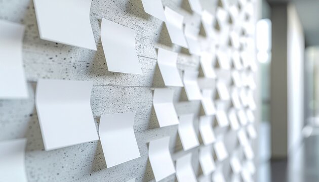 White sticky notes arranged in rows on textured wall, blank memo papers and organized office planning concept with minimalist design and soft light