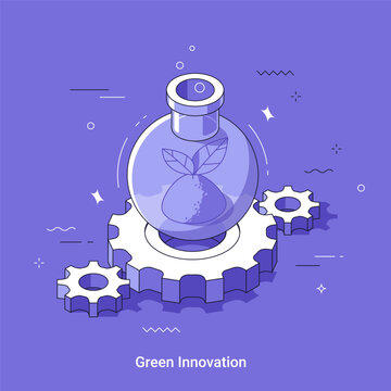 Flask with plant inside on top of mechanical gear. Green innovation and sustainable technology concept. Isometric vector illustration for eco friendly science research and development.