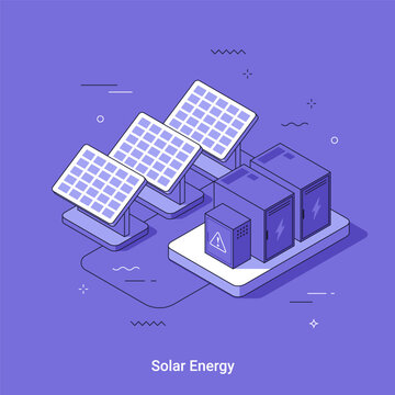 Solar panel farm for renewable electricity generation. Isometric vector illustration of photovoltaic cells and power storage battery for green energy sustainability and environment technology.