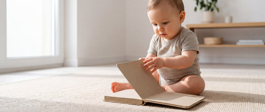 An energetic baby sits on a light rug in a sunlit room reading a colorful book with curiosity. early educational play, happy childhood moment, cozy home lifestyle, header banner topbar.