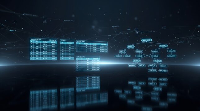 Digital data tables and tree chart on a dark futuristic background