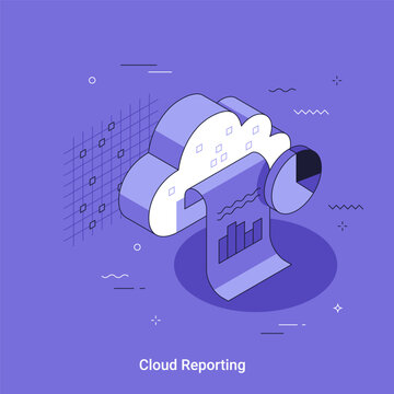Cloud computing icon with business chart and document report. Isometric vector illustration of data analysis and digital storage. Online network statistics and information processing concept.