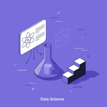 Data science concept with chemical flask, atom icon and growth chart. Isometric vector illustration of analytical research, laboratory experiment and digital information processing technology.