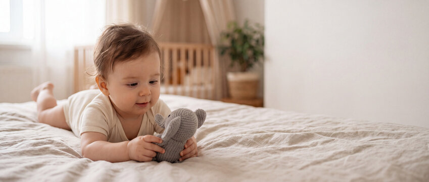 A happy baby lies on a comfortable bed holding a plush animal toy in a bright sunny bedroom. cheerful morning relaxation, innocent child moment, cozy home, header banner topbar.
