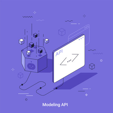 Isometric vector illustration of robot processing data with api interface. Thin line 3d cartoon business concept for software development, cloud computing and digital technology integration.