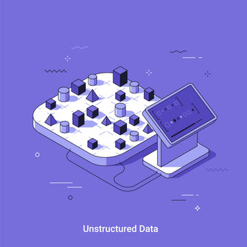 Unstructured data represented as isometric 3D vector illustration with shapes on digital platform with analytical monitor. Conceptual visualization of big data processing, information organization and