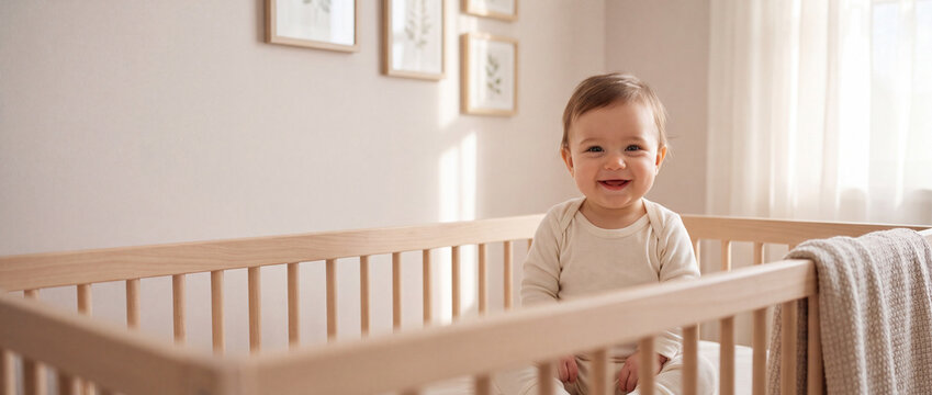 A curious baby stands inside a wooden crib watching surroundings in a cozy bright room. gentle infant care, safe nursery environment, happy family lifestyle, header banner topbar.
