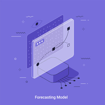 Forecasting model with isometric data interface. Digital analytics system for trend prediction. Business intelligence concept, virtual information visualization and technology strategy.