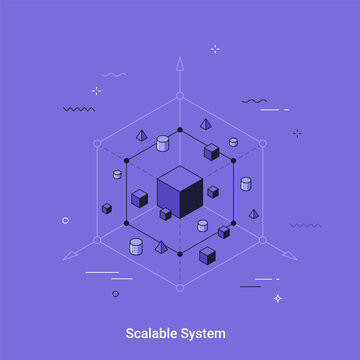 Isometric vector illustration of scalable system architecture. 3D cube model with geometric shapes inside a wireframe structure. Digital technology development and modular growth concept.