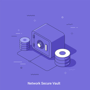 Network security vault with digital lock, cylindrical data storage and abstract technology symbols. Isometric vector illustration representing cybersecurity, data protection and secure information man