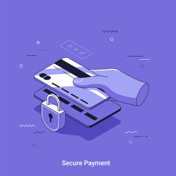 Secure payment concept with credit card, padlock and password asterisk on purple background. Digital banking, financial technology and online transaction protection vector illustration.
