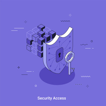 Isometric security access concept with abstract keyhole, ascending blocks, curved arrow, and digital network elements. Cybersecurity, protection, authentication vector illustration